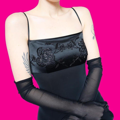 Black beaded fitted evening dress UK 12-14