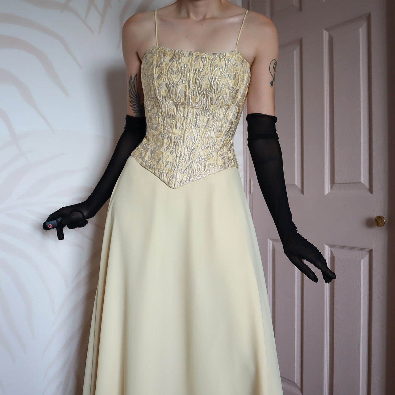 Subtle yellow YVE London evening gown & shawl UK 10