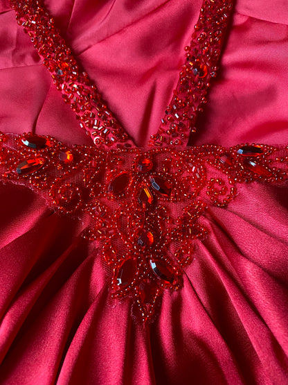 Dave & Johnny red satin open back evening gown UK 10