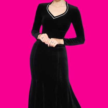 Black velvet long sleeve midi dress UK 10