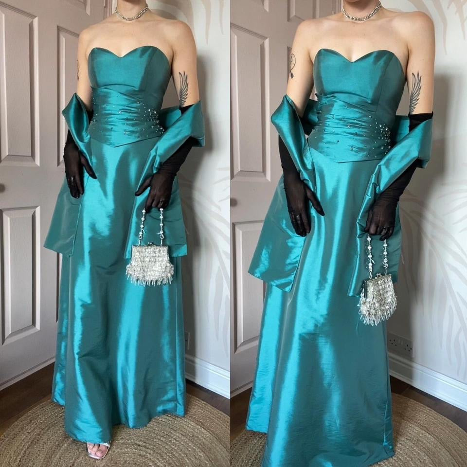Teal Hilary Morgan strapless gown & shawl UK 12