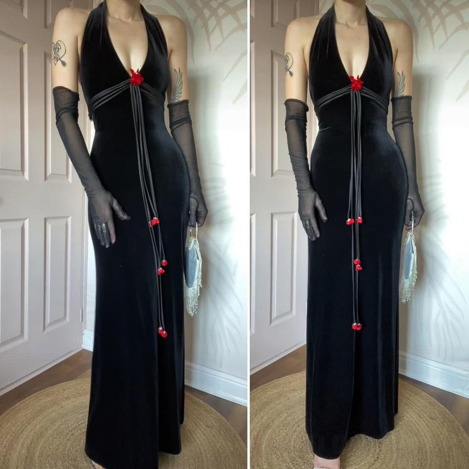 Betsy & Adam black velvet halter-neck evening dress UK 12