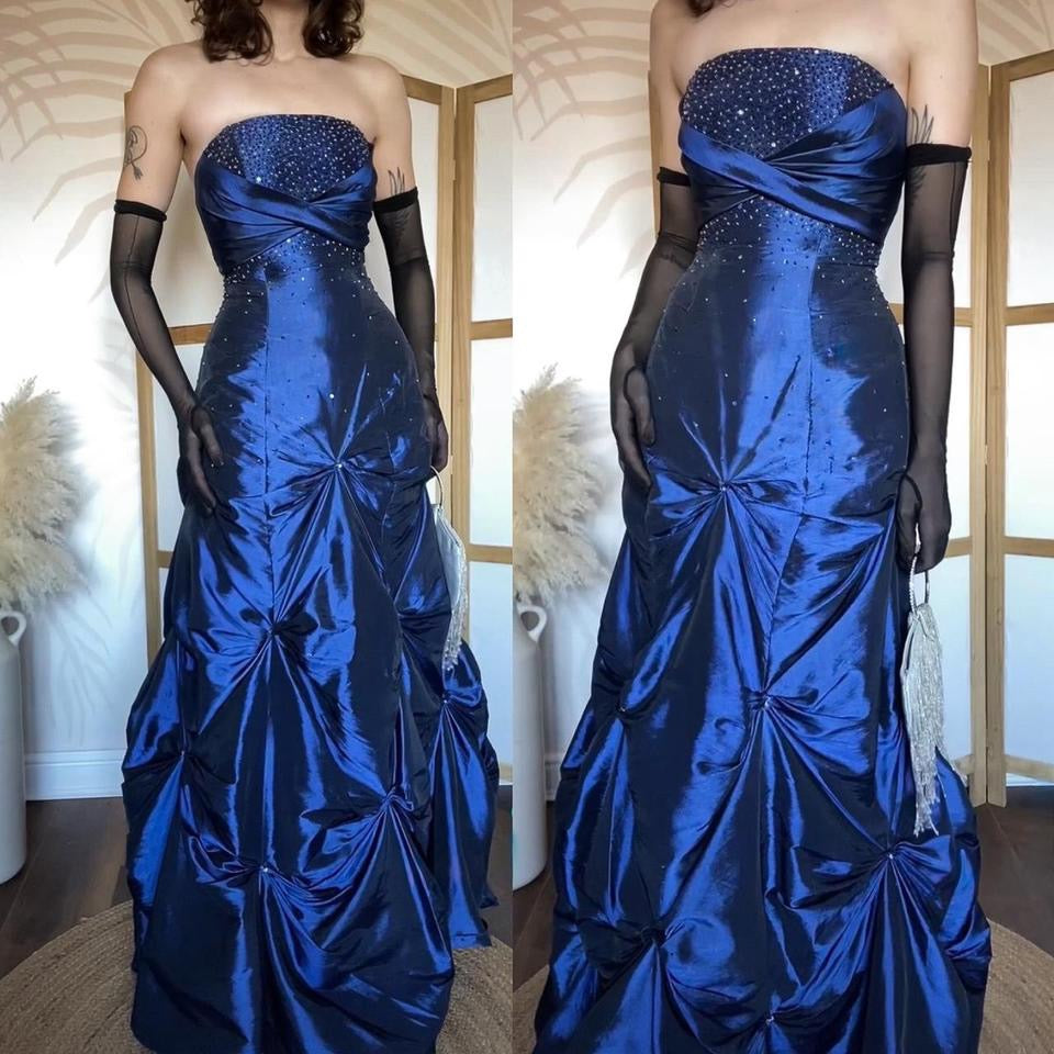 Navy shimmery taffeta beaded prom dress uk 12-14