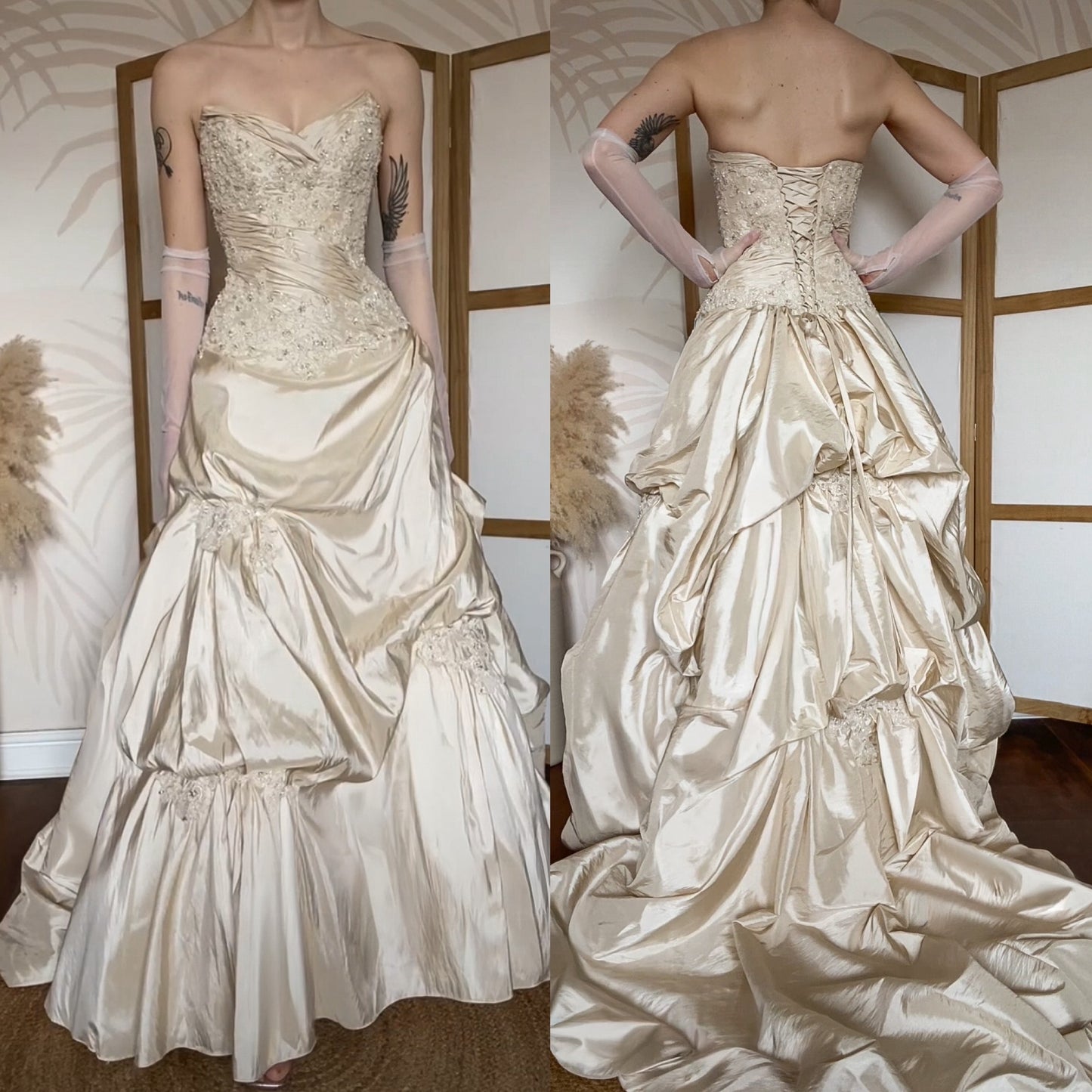 Champagne Maggie Sottero strapless a-line wedding dress uk 10