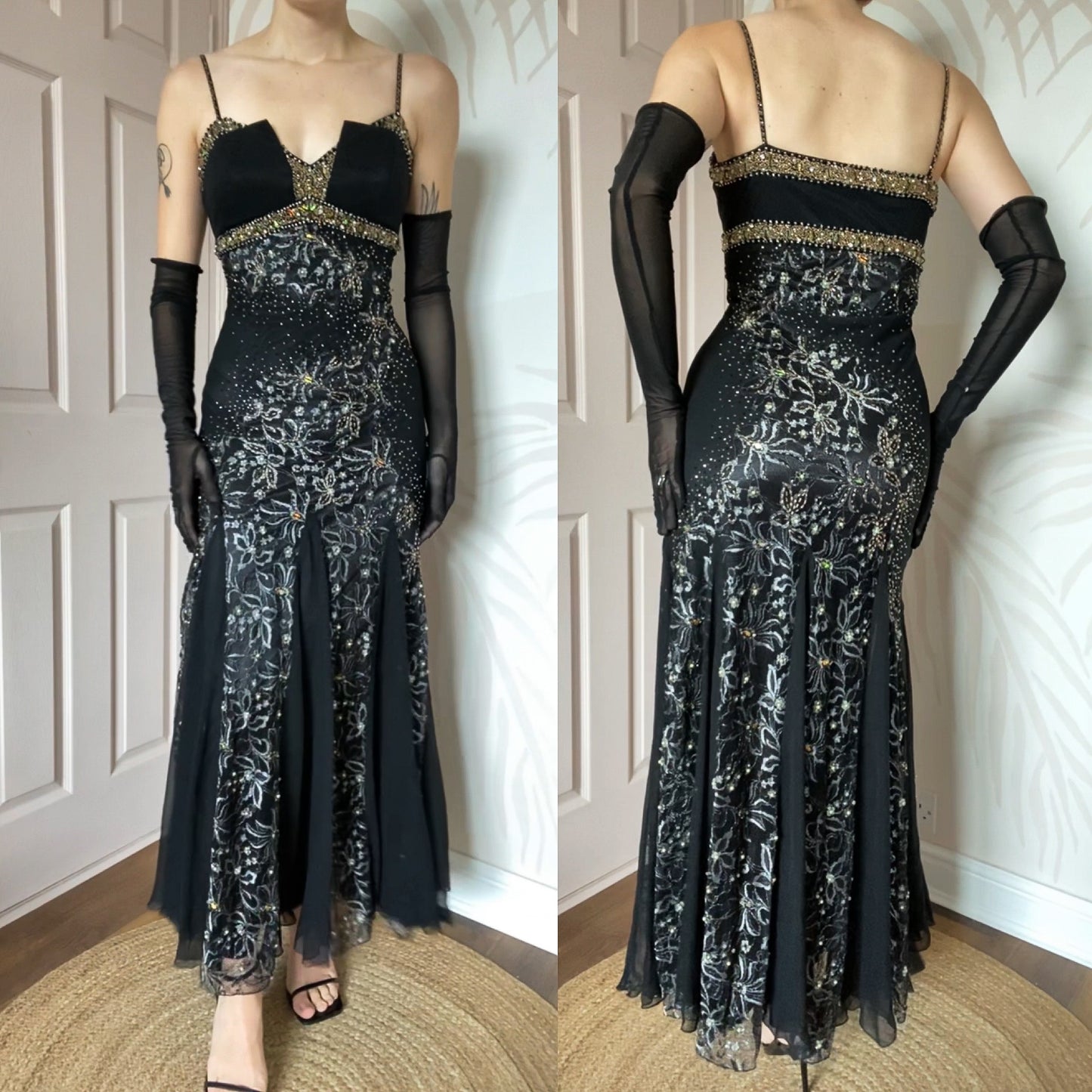 100% silk beaded lace black dress UK 10-12