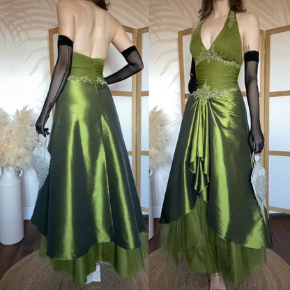 Green halter-neck a-line fairycore prom dress uk 10