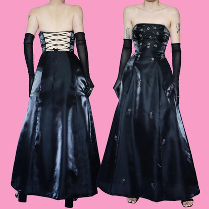 Silky black strapless beaded gown UK 6