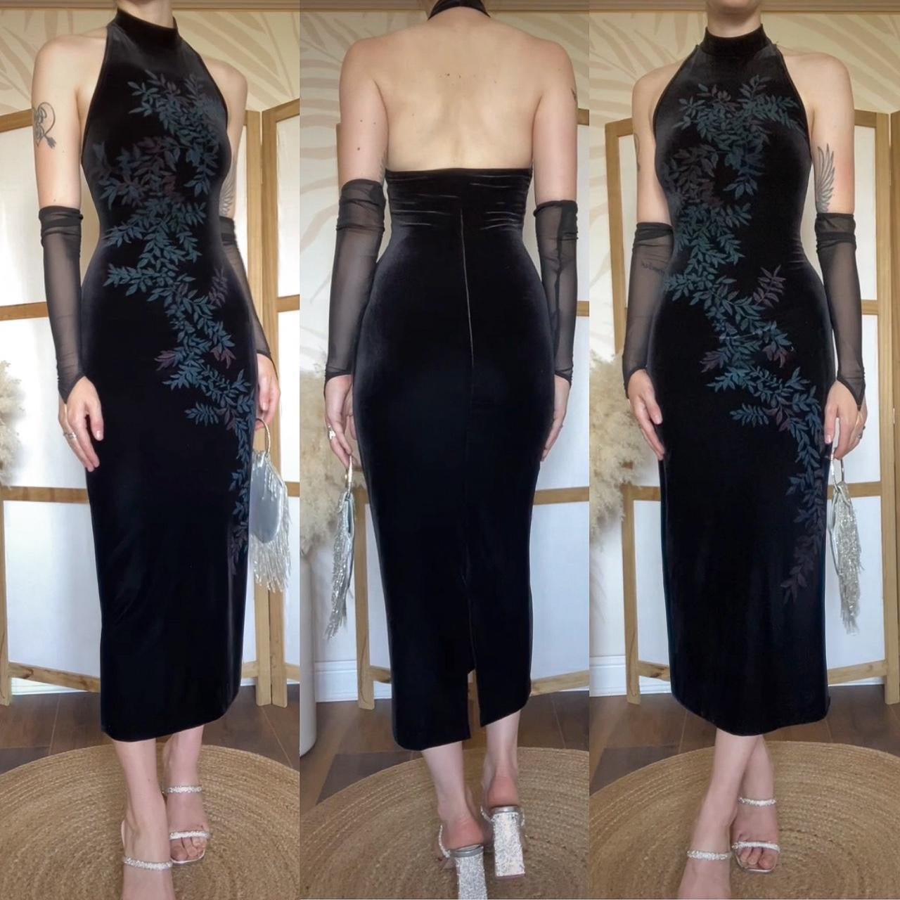 Black velvet stretch high neck evening dress uk 8-10