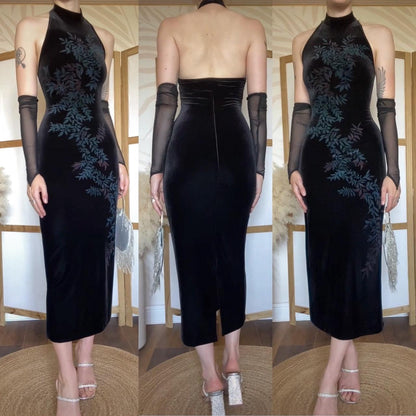 Black velvet stretch high neck evening dress uk 8-10