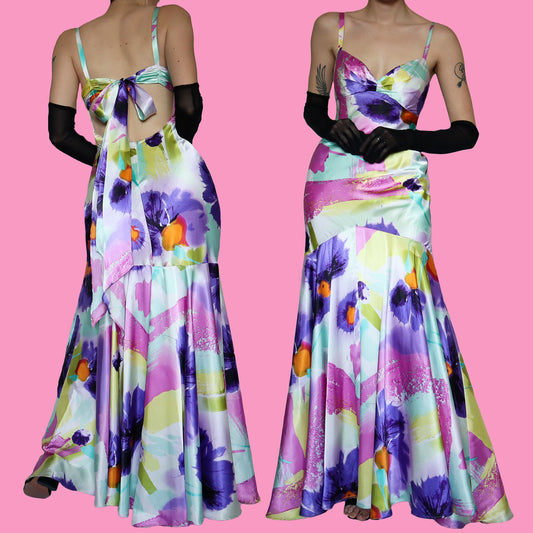 Colourful satin fishtail evening dress UK 14