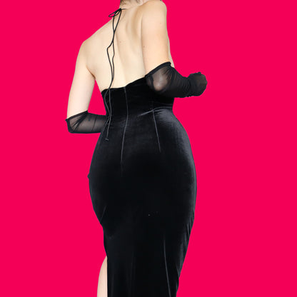 Black velvet halter neck evening dress UK 12