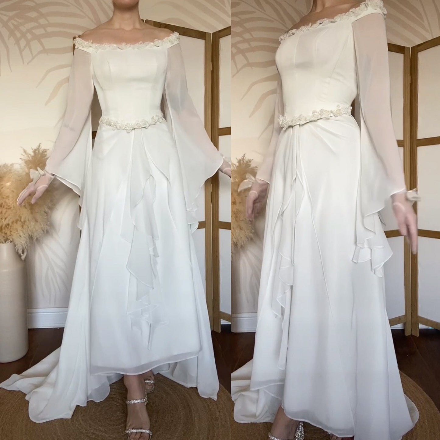 White petite off shoulder long sleeve vintage wedding dress uk 14