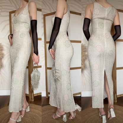 Off white beaded silk floral evening dress UK 10