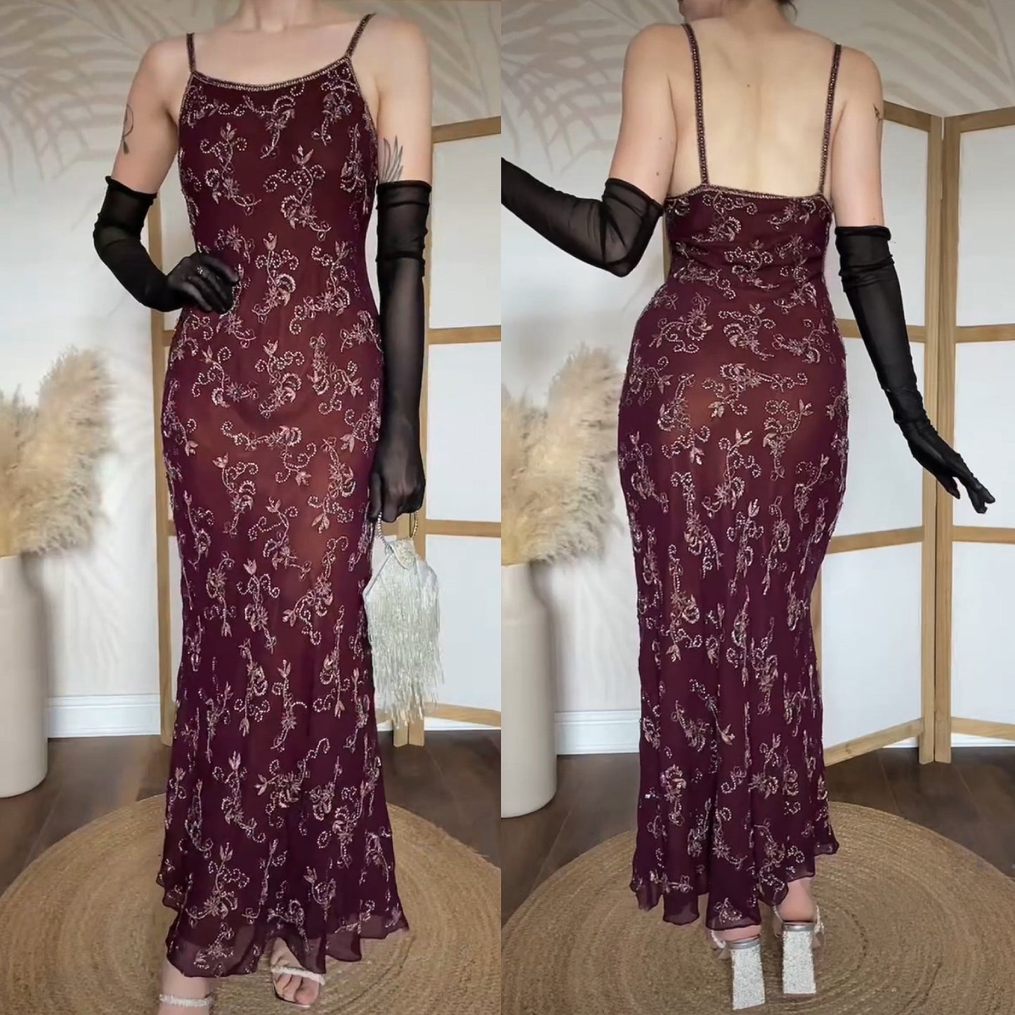 Purple Aftershock silk & bead evening dress uk 14