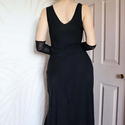 Black 100% silk floral detail midi dress UK 16