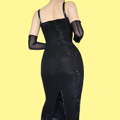 Black vintage Debut beaded midi dress UK 12