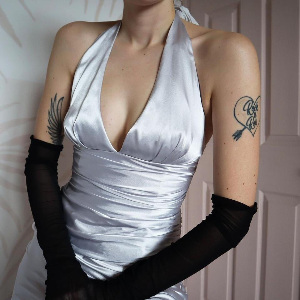 Silky silver halter neck evening gown UK 8