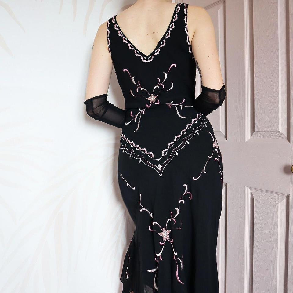 Black 100% silk embroidered midi dress UK 14