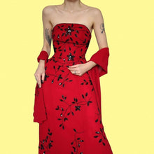 Load image into Gallery viewer, Red Kaleidoscope strapless beaded gown &amp; shawl UK 14
