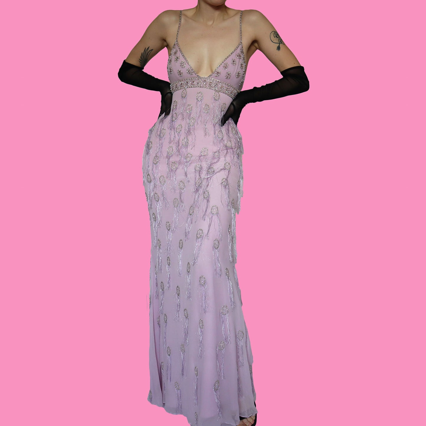 Lilac 100% silk fringe evening gown UK 10