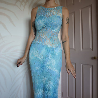 Bernshaw blue lace sheer stretch evening dress UK 10-12