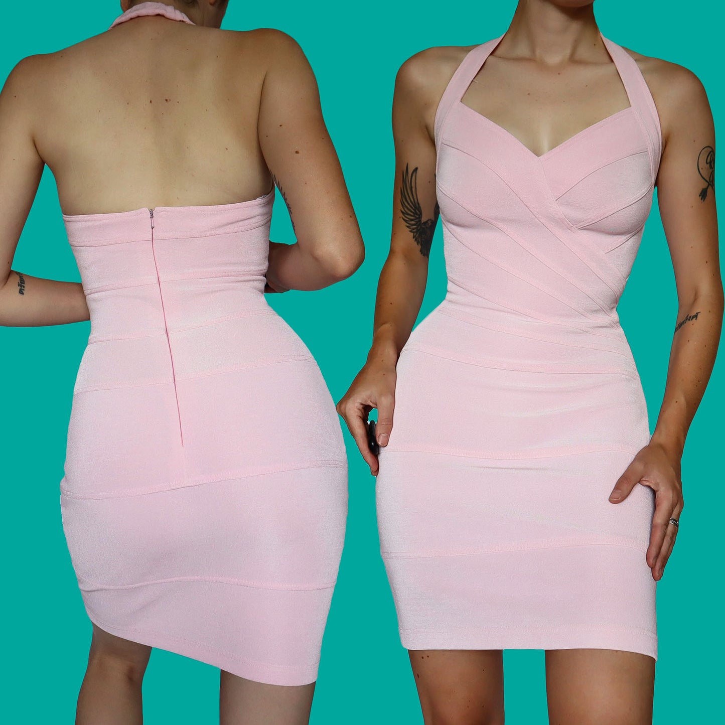 Baby pink body-con halter-neck mini dress UK 10