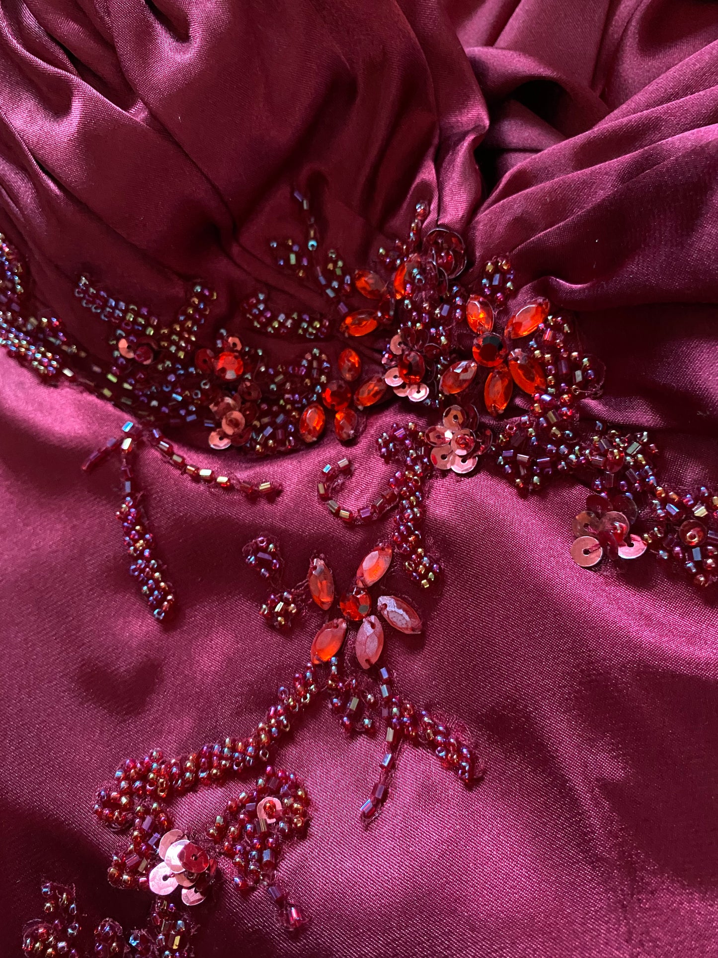 Red satin fishtail evening gown UK 10