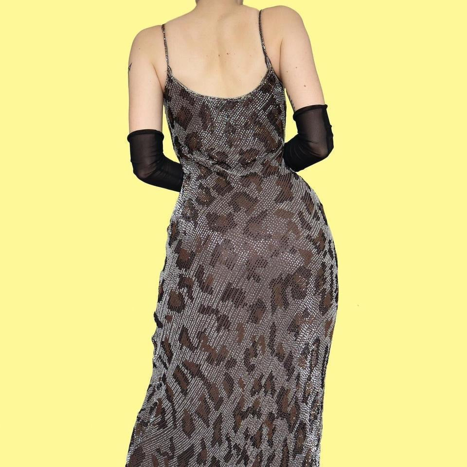 Grey silk leopard beaded evening dress UK 14