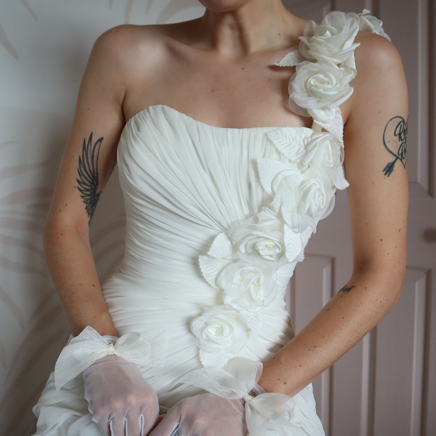 White gathered one shoulder wedding gown UK 10