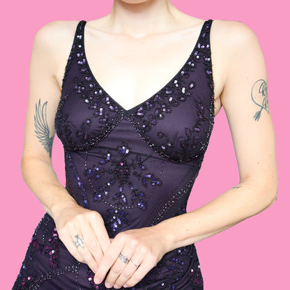 Purple petite bead & sequin evening dress UK 12