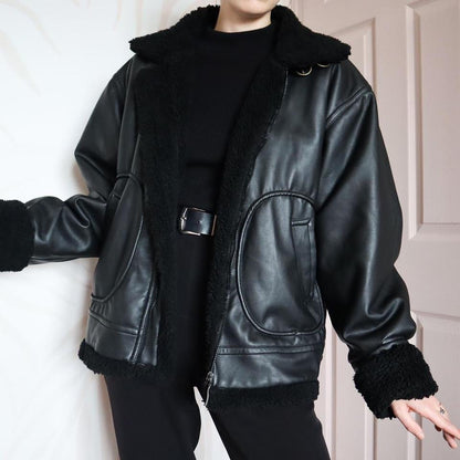 Black faux leather aviator coat UK M