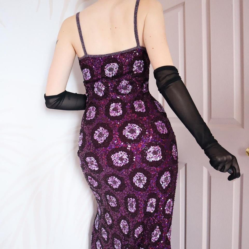 Purple Aftershock sequin 100% silk evening gown & shawl UK 10
