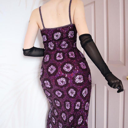 Purple Aftershock sequin 100% silk evening gown & shawl UK 10