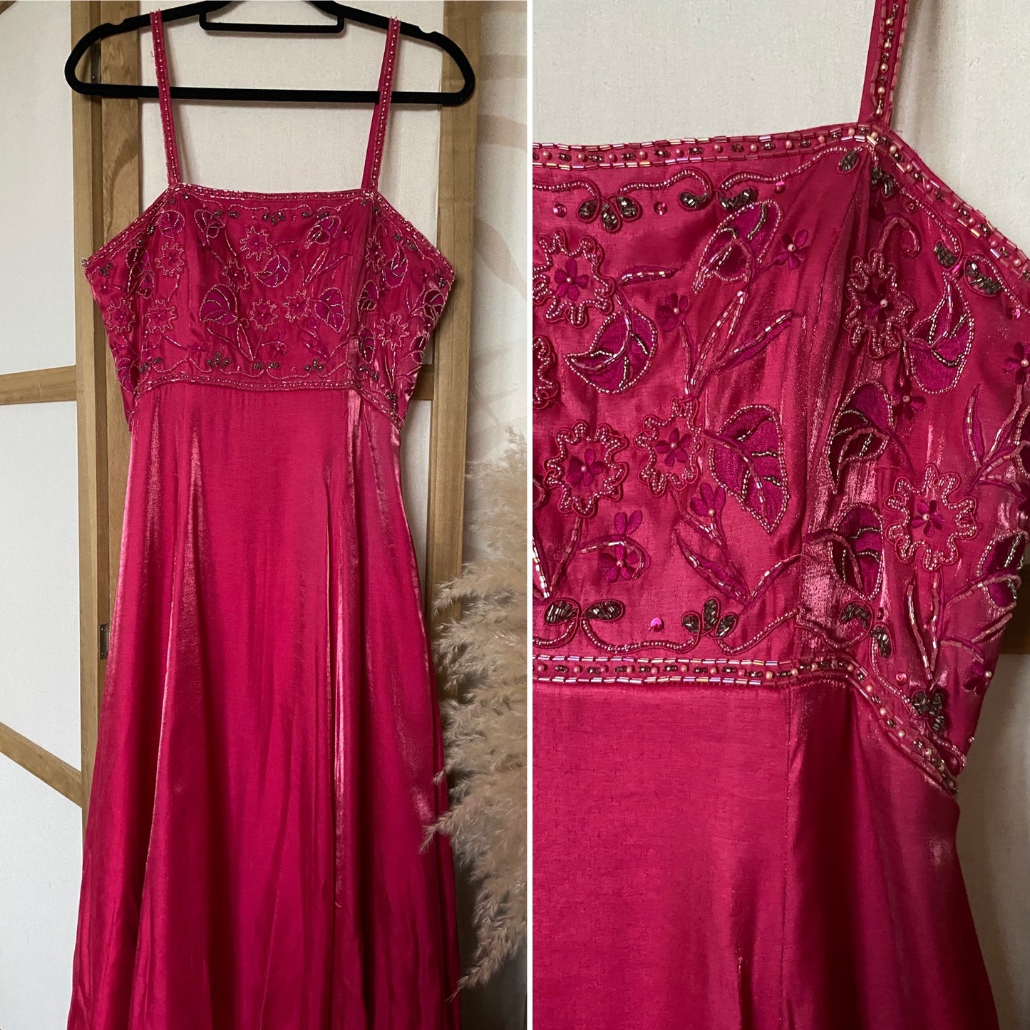 Fuchsia pink a-line beaded evening dress uk 12