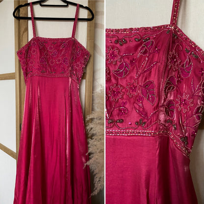 Fuchsia pink a-line beaded evening dress uk 12