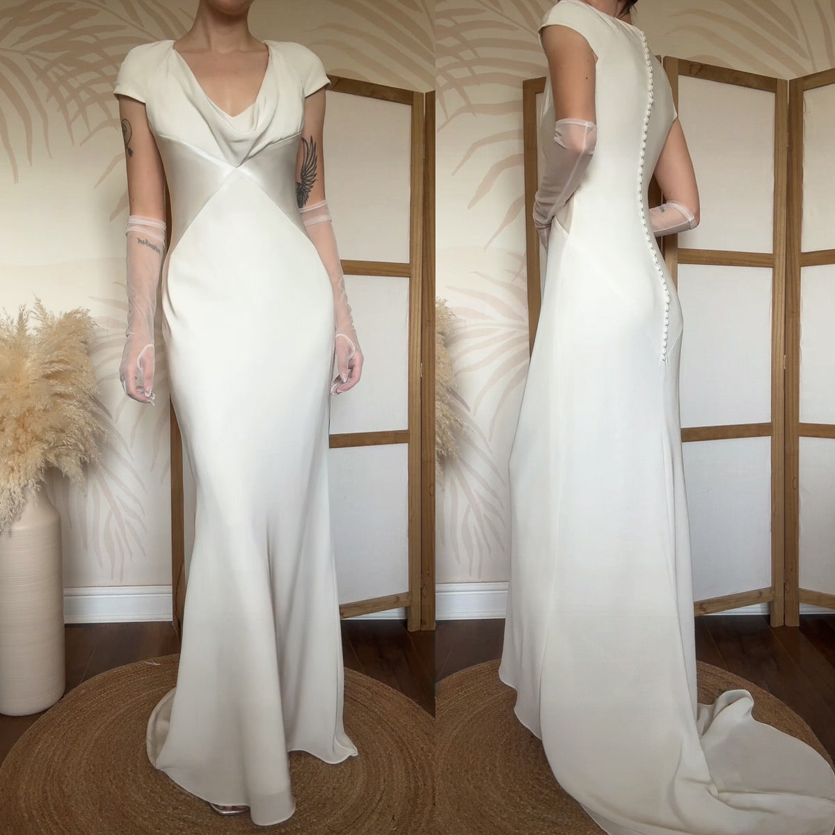 Ivory short sleeve figure hugging wedding dress uk 10