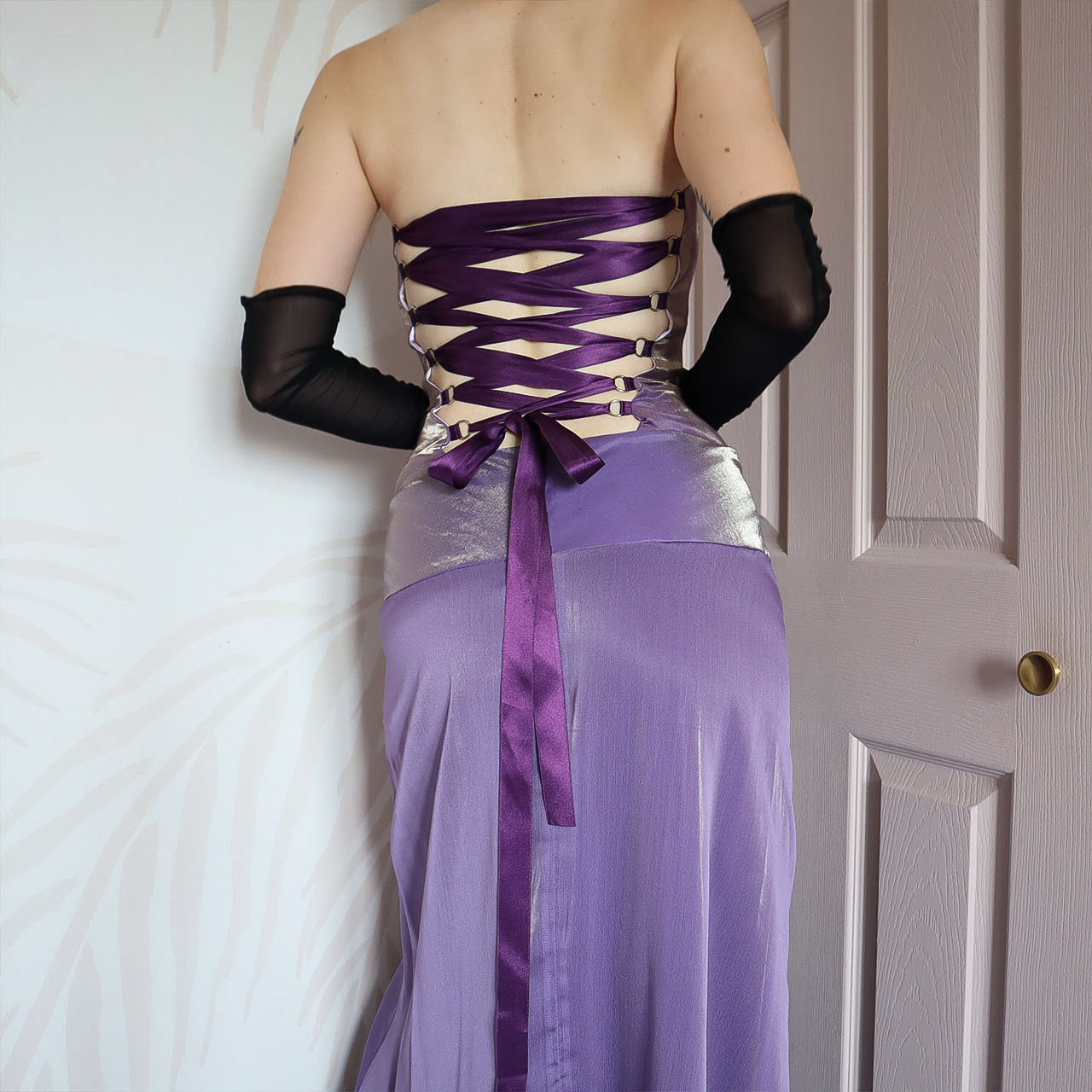 Purple strapless Charas lace up evening gown UK 6/8