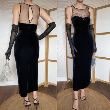 Black velvet Debut stretch beaded evening dress uk 12