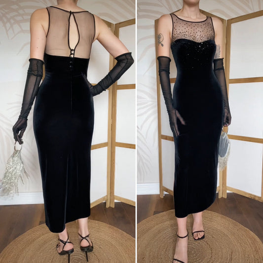 Black velvet Debut stretch beaded evening dress uk 12