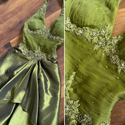 Green halter-neck a-line fairycore prom dress uk 10