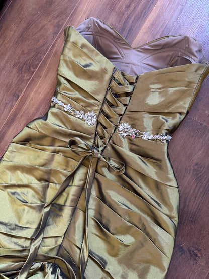Olive green taffeta strapless prom dress uk 8