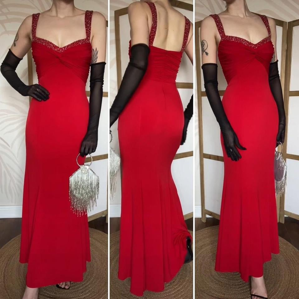 Niki Livas red stretch beaded evening dress UK 12