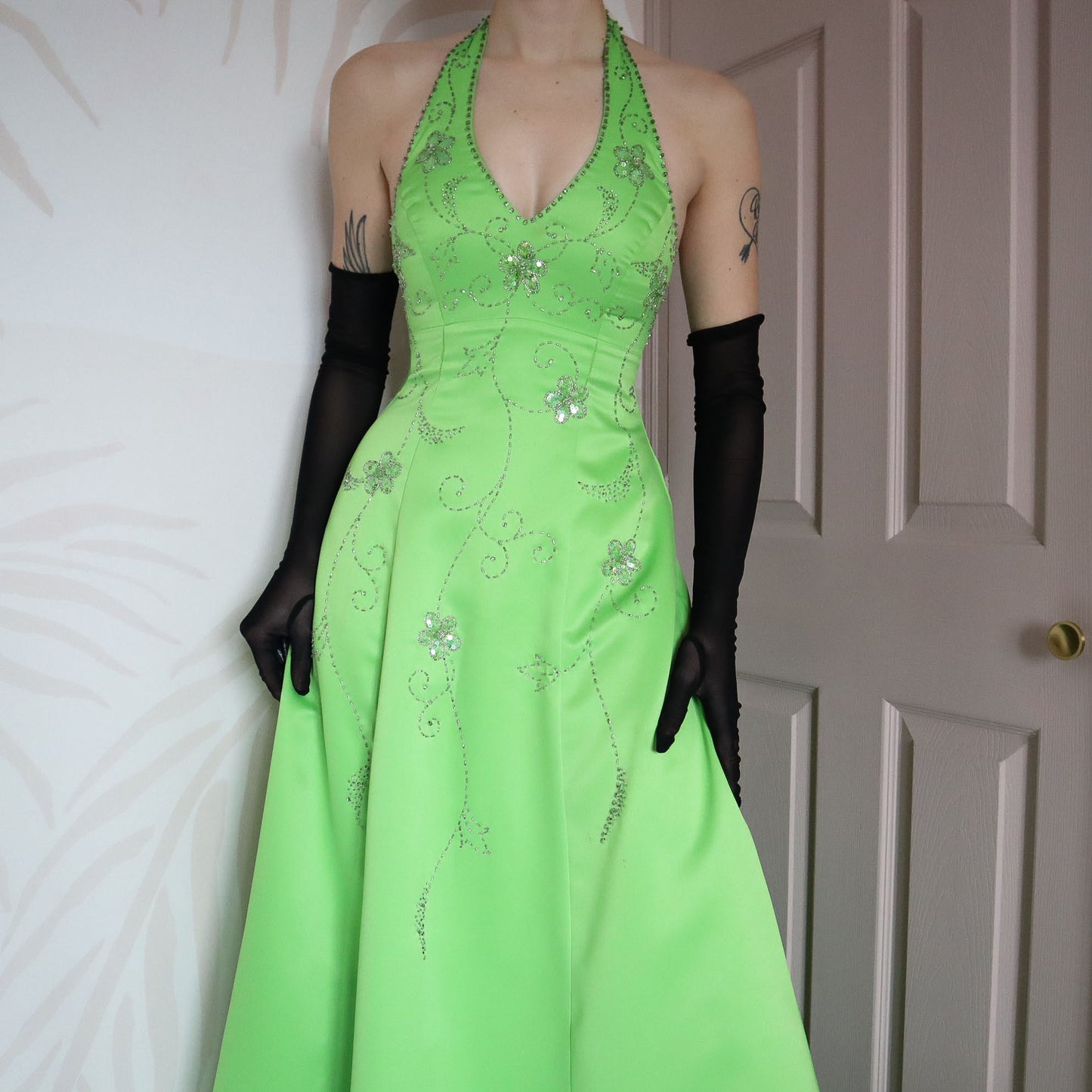 Morgan & Co green beaded halter neck evening gown UK 14