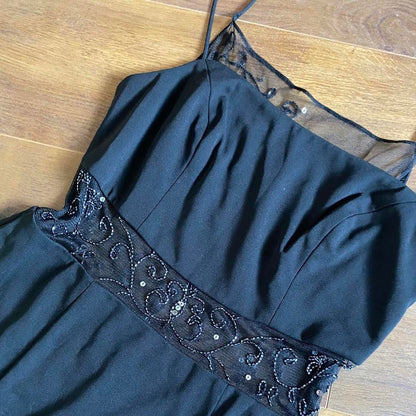 Black beaded 90s vintage sheer back evening dress UK 14