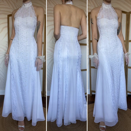 Frank Usher white lace high neck beaded wedding dress UK 12
