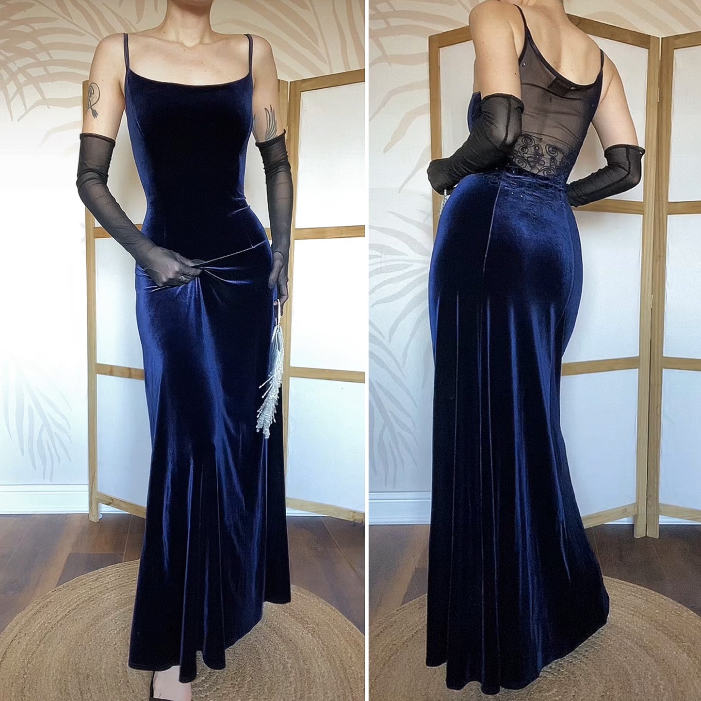 Gina Bacconi navy velvet stretch evening dress UK 12-14