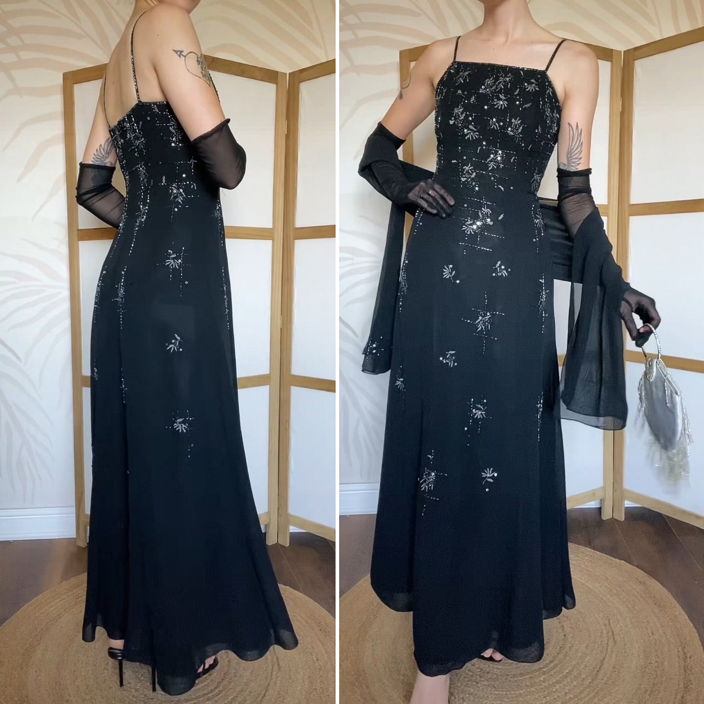 Yve London black beaded evening dress & shawl uk 12