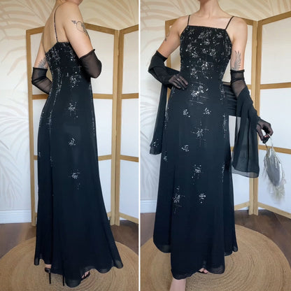 Yve London black beaded evening dress & shawl uk 12