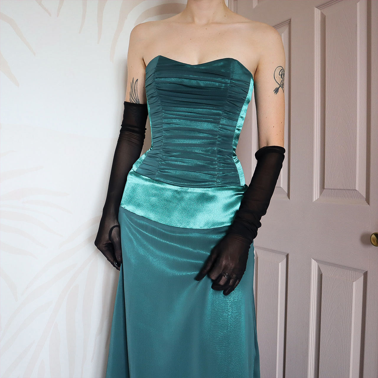 Green teal Charas strapless lace up gown UK 6/8