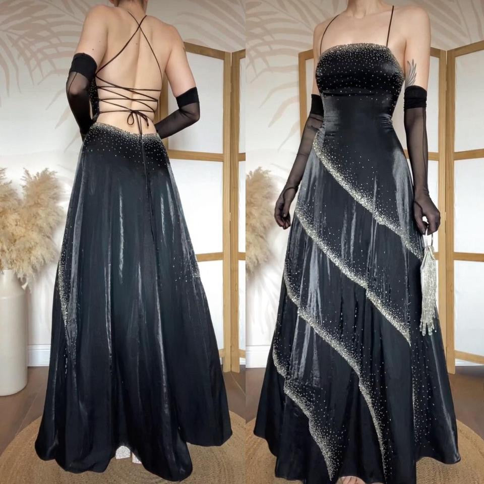 Black beaded lace back a-line prom dress uk 10